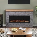 Modern Ember Wyman Linear Grey Stone Mantel Package with 50' Smart Electric Fireplace Heater Insert | Alexa/WiFi Enabled | Multi-Flame Colors & Brightness