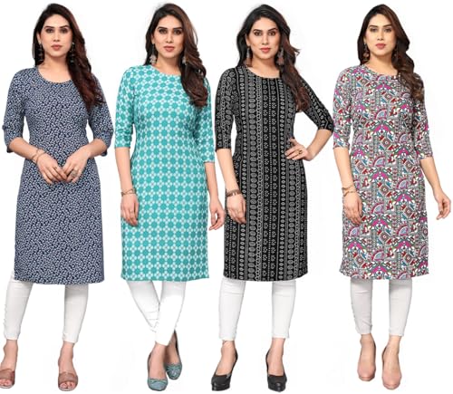 Image of JAKHANA Women's Crepe Printed Casual Straight Calf Length Round Nick Kurta Pack of 4