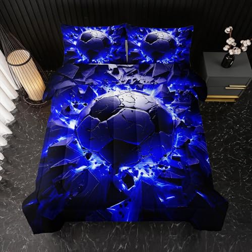 Image of Nttopship Soccer Bedding Comforter Set King Size for Kids Teens and Adults, Blue and Black Football Printed Bedding Sets 3 PCS,Ball Sports Themed Bedroom Decor with 1 Comforter and 2 Pillowcases