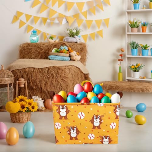 Image of Kid Cute Storage Basket Baby Gift Basket Collapsible Rectangle Canvas Storage Bin for Nursery Playroom Bedroom Decor Organizer (Cartoon Bear Baseball)