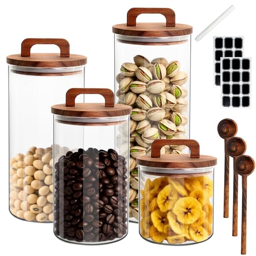 UCEHIPAW 4 Pcs Glass Food Storage Jars Set with Stickers Marker and Spoons 4 Size Clear Candy Storage Jars Cookie Containers with Airtight Wood Lid for Nuts Flour Rice Sugar Pasta
