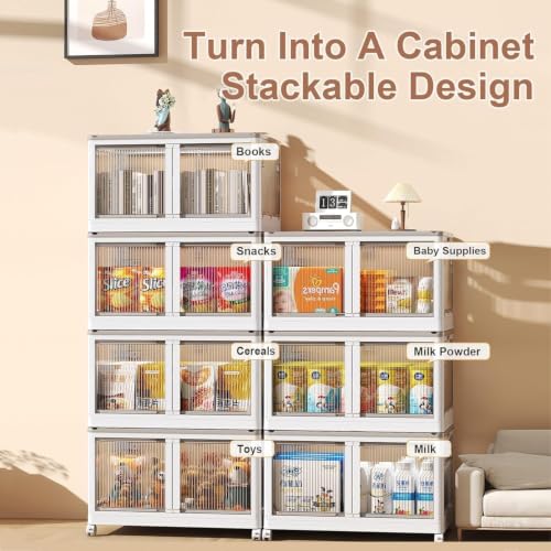 Image of 3 𝐏𝐀𝐂𝐊 Plastic Rack for Storage Cabinet with Wheels | Multipurpose Shelf Storage Services Almirah Wardrobe for Clothes, Kitchen Cupboard | Plastic Organizer with Transparent Doors