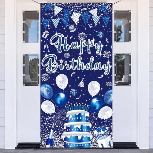 GYA 3x6ft Blue Silver Birthday Door Banner Navy Blue Glitter Sequin Happy Birthday Background Cake Balloons Gifts Backdrops Kids Celebration Party Decor