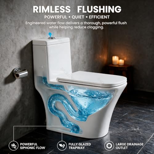 Image of Backline Rimless Commode Toilet | One Piece Floor Mount Western Toilet For Bathroom With Soft Close Seat Cover - S Trap 9 inch Outlet Is From Floor (White) (10 Years Color Warranty)