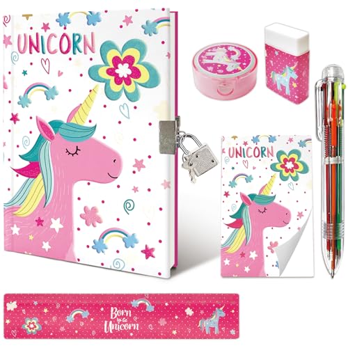 Set de Diario Secreto Niña con Candado, Kit Papelería de Unicornio incluye Diario con Candado Bolígrafo de 6 Colore Mini Bloc de Notas Regla Borrador y Sacapuntas Cuaderno Niño Regalo Niña 6 10 Años