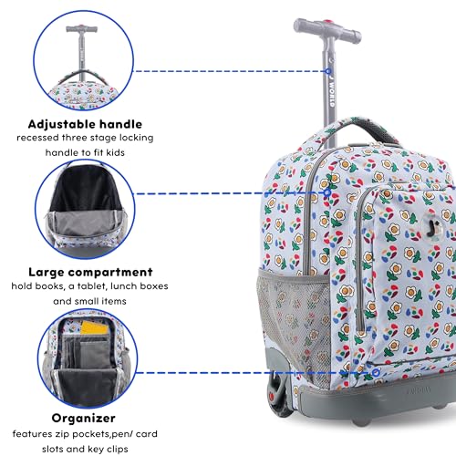 Image of J World Sunny Rolling Backpack for Kids. Roller Bag With Wheels, Every Daisy