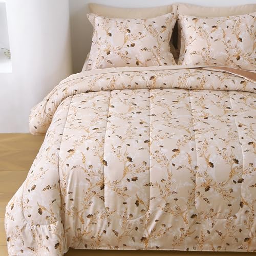 Image of Floral Queen Comforter Set with Sheets, 7 Piece Luxury Vintage Bedding, Soft Microfiber Bed in a Bag, Cozy Lightweight Bed Set, Beige Flower Botanical
