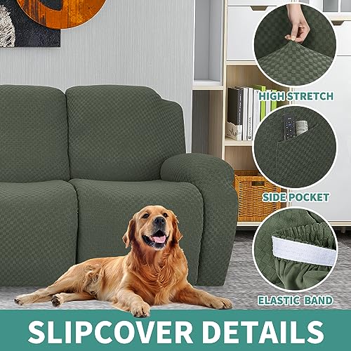 Image of YEMYHOM 4 Pieces Stretch Recliner Slipcover Jacquard Recliner Chair Cover with Side Pocket Anti-Slip Fitted Recliner Cover Couch Furniture Protector with Elastic Bottom (Recliner, Army Green)