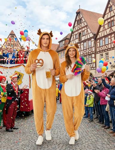 Ekouaer Tier Jumpsuit Kostüm mit Reißverschluss & Kapuzen Fleece Onesie Schlafanzug Fasching Halloween Cosplay Karneval Einteiler (Herren, Damen, Unisex) Rentier, L
