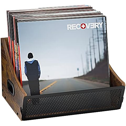 BUZIFU Vinyl Record Storage, Vinyl Record Holder Crate Box Case, Metal & Wood Vinyl Storage Organizer, Record Holder for Albums LP Records with Handles, Holds Up to 80 Records, Easy to Assemble Cover