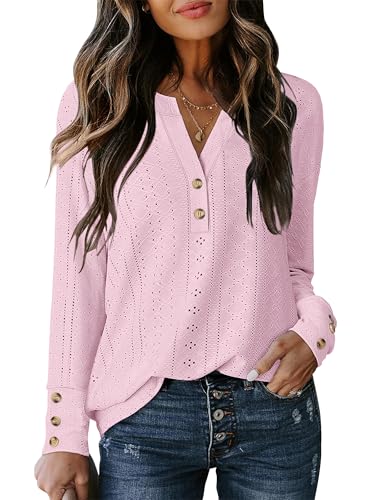 ANRABESS Womens Eyelet Tops Long Sleeve Henley Shirts Business Dressy Casual Blouse Vacation T-Shirt 2025 Fall Outfits