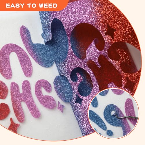 Image of guangyintong Rainbow Glitter Heat Transfer Vinyl - 12 inch x 8ft Pink Purple-Red-Blue Gradient Glitter HTV Vinyl for Shirts, Iron On Vinyl for All Cutter Machine - Easy to Cut & Weed