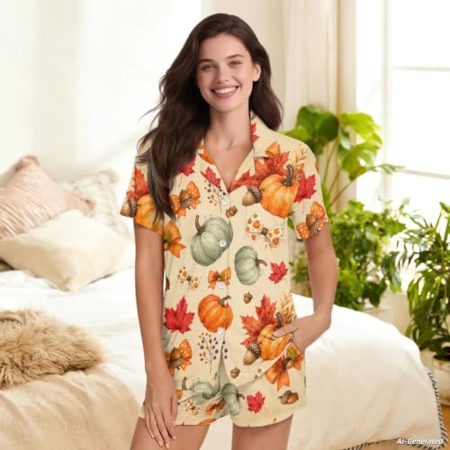 Image of Renewold Button Down Womens Pajama Set Short Sleeve Loungewear Bow Nightwear Sleepwear Night Suit Tops Shorts 2 Pieces