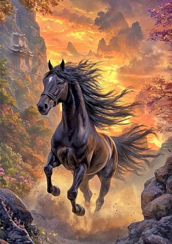 TDFERAN 40x50cm Broderie Diamant Cheval Kit Cheval Montagne Galop Complet Broderie Diamont Perle Diamant motif cheval Peinture Animalière avec Paysage Coucher Soleil...