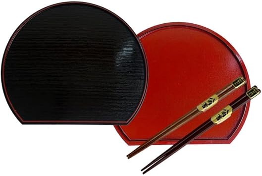 Lacquerware Shop Half Moon Tray 2 Pieces Wooden Chopsticks 2 Pairs Total 4 Piece Set Total 4 Sizes Tray Luncheon Mat Tray Stylish New Year New Year Breakfast Cafe Japanese Morning 15.4 inches