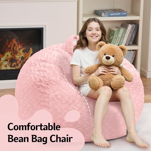 Image of 2FT Bean Bag Chair,Giant Bean Bag Chairs for Adults,Big Bean Bags with Memory Foam Filled, Large Beanbag Chairs with Chevron Plush Cover-Soft Pink