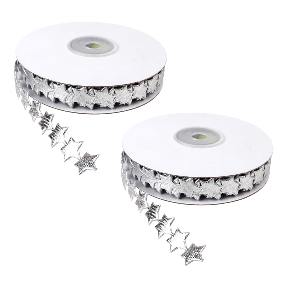 HugeDE 2 Rolls 1.5cm 10m Thin Star Ribbons Sparkly Glitter Ribbons Decorative Star Decoration Ribbons Sparkle Craft Ribbons Star Trim Embellishments Silver