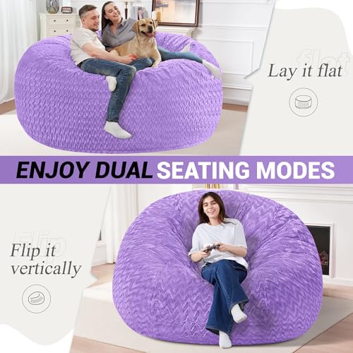 Image of 6FT Bean Bag Chair,Giant Bean Bag Chairs for Adults,Big Bean Bags with Memory Foam Filled, Large Beanbag Chairs with Chevron Plush Cover-Purple