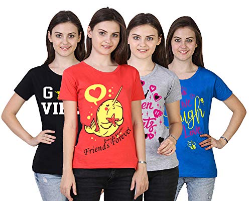 Image of Womens Regular Fit Half Sleeve Red,Black,Grey,Royal Blue T Shirt Pack of 4