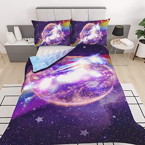 Home-Imaginations Galaxy Unicorn Bedding | Rainbow Marble Tie Dye Pastel Reversible Comforter Cover | Teens Kids Boys Girls Psychedelic Space | Duvet Cover 3 Piece Bed Sheet Sets (Twin)