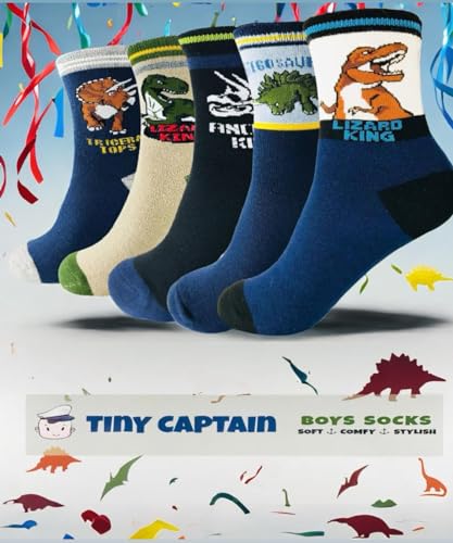 Tiny Captain Boys Dinosaur Socks 4-7 Year Old Best Gift Age 7-10 Boy Cotton Crew Sock 5 Pack Set From 2 Sizes2