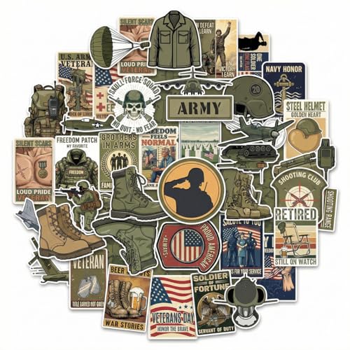 50Pcs Military Stickers - Waterproof Army Themed Vinyl Decals for Car Laptop Water Bottle Luggage Computer Skateboard Bike Veteran Bumper Stickers Patriotic Gift for Men Soldiers Veterans
