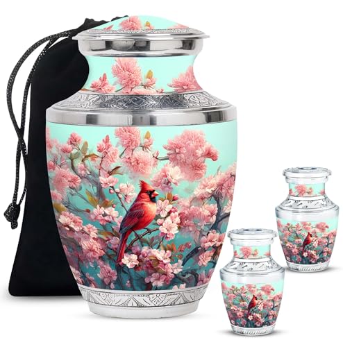 Image of Cardinal Bird Urn Small Cremation Urns Men 1 Large & 2 Small | Decorative Burial Urns, Large Urn for Ashes Adult Female
