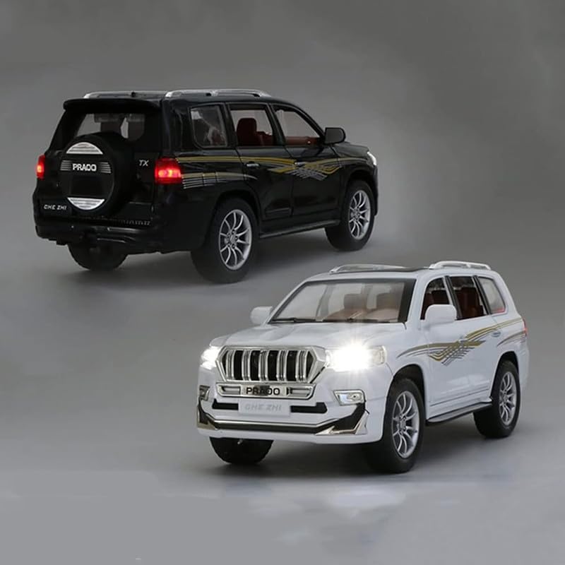 Image of Kids Model 1:24 Prado Die Cast Metal Car Pull Back Action Opening Doors with Realistic Engine Sound Lights Toy Car Gift for Boys - White