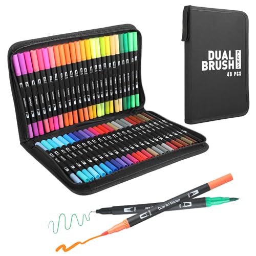 CRESZZLE Set de 48 couleurs vives à double pointe, pointes fines et épaisses : feutre coloriage adulte. Idéal pour peinture, handlettering, pierres, tissus. Parfait enfants – avec trousse.