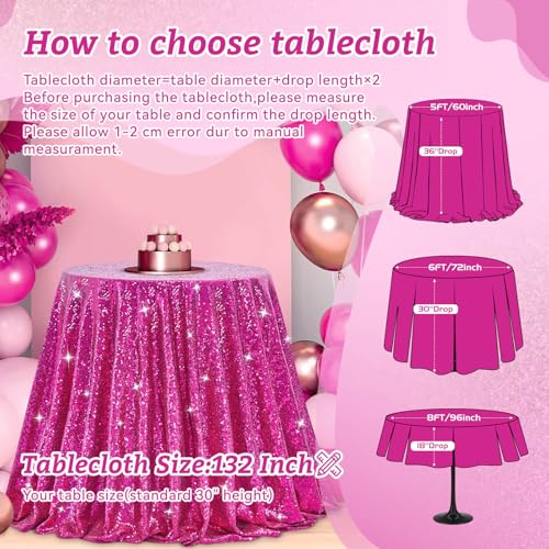 Image of B-COOL Round Sequin Tablecloth Party Decorations: 132 Inch Fuchsia Table Cloth Glitter Fabric Overlay for Indoor Outdoor Dining Parties Home