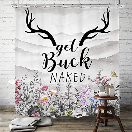 SVBright Get Buck Naked Shower Curtain 60Wx72L Inch Funny Farmhouse Country Rustic Floral Western Grey Mountain Cute Quotes Plants 12 Pack Hooks Polyester Waterproof Fabric Bathroom Bathtub Panels