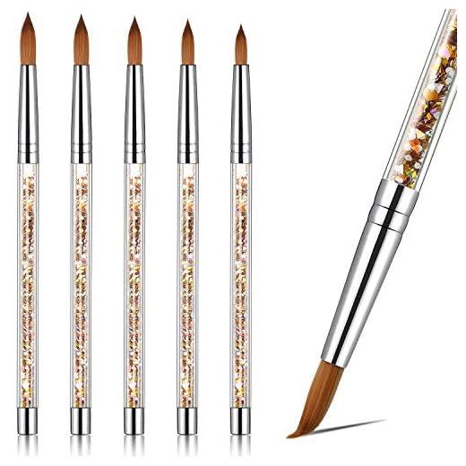 5 Pieces Different Size Acrylic Nail Brush for Acrylic Powder Manicure Pedicure Round Nail Art Brush with Glitter Handle for DIY Nail Art (Gold)