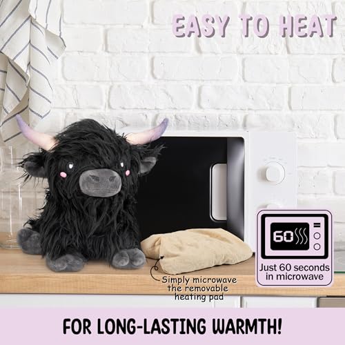 Image of Happy Fuel Highland Cow Microwavable 1.5lbs Unscented Heating Pad for Women & Kids- Cute Soft Cozy Pillow Plush Heatable Warm Stuffed Animals- Kawaii Hot & Cold Plushie Toy- Cow Gifts for Girls & Boys