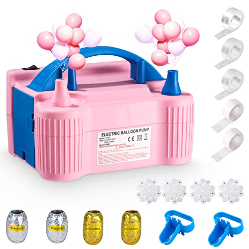 FAOKZE Elektrische Ballonpumpe, Luftballonpumpe 600W Aufblasgerät Doppeldüse mit Automatik und Halbautomatisch Modi, Mit Ballonknoten Ballonkette Band für Party Hochzeit Geburtstag, Hellrosa Cover
