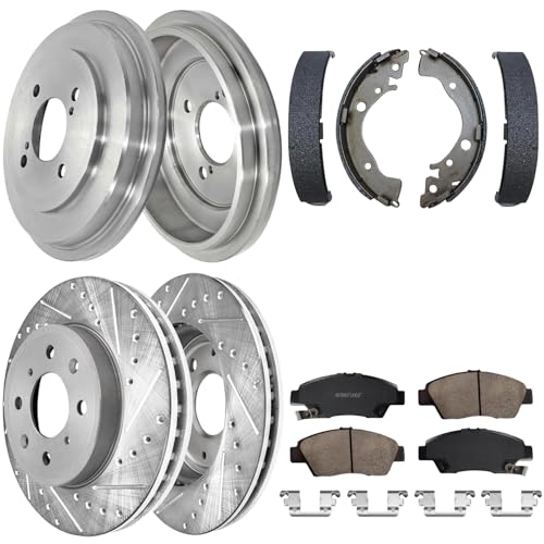 Image of Detroit Axle - 8pc Brake Kit for 2015 2016 2017 2018 2019 2020 Honda Fit, Front Drilled and Slotted Disc Brake Rotors Ceramic Brakes Pads, Rear Brakes Drums and Semi-Metallic Shoes: 10.31 inch inch Rotor