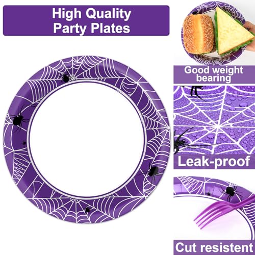 Image of Qyeahkj 100 Pcs Halloween Birthday Party Supplies Paper Plates and Napkins Set Disposable Spider Web Tableware Decorations for Halloween Theme Baby Shower Serves 25