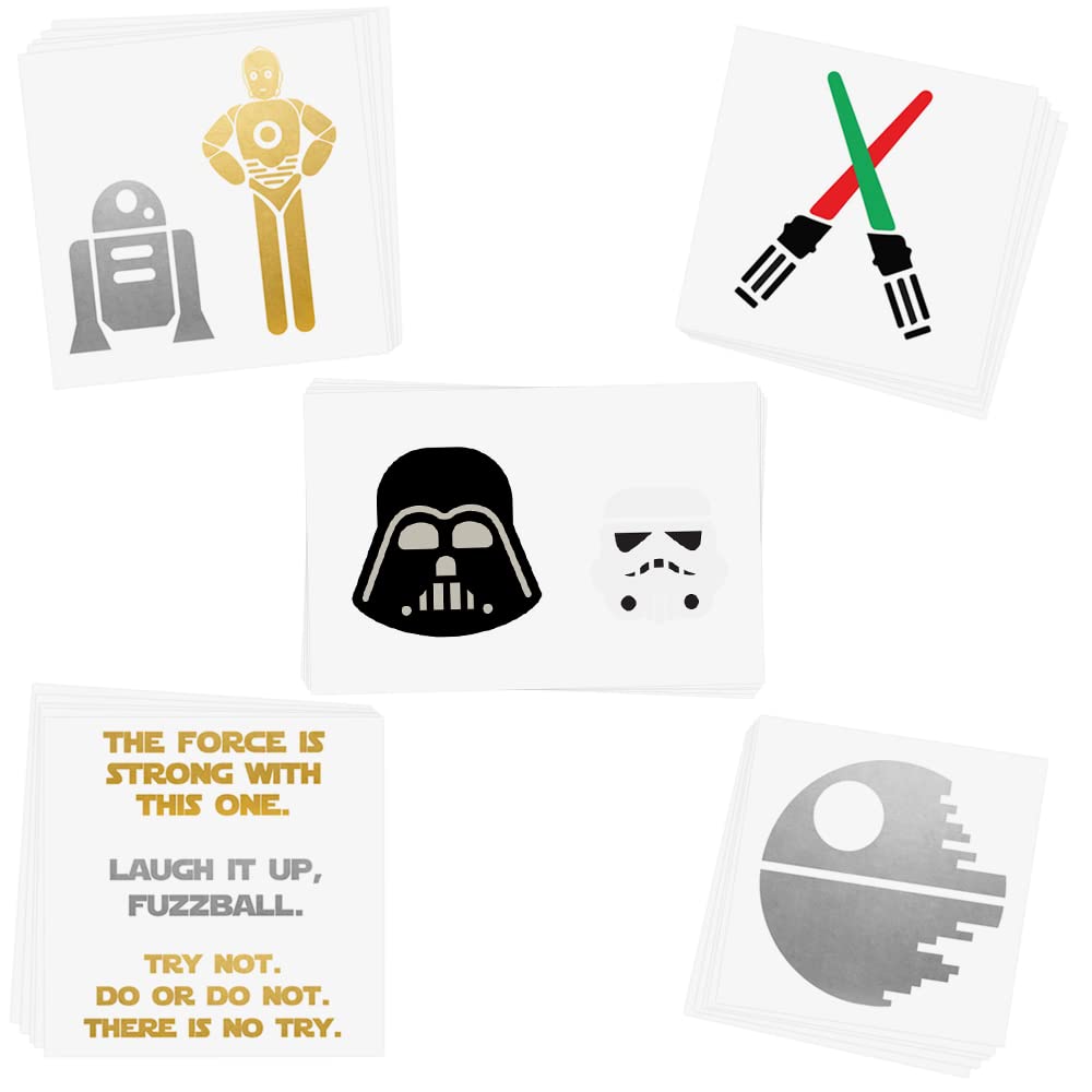 Flash Tattoos Intergalactic Variety Set of 25 assorted , premium waterproof metallic gold/silver/black galaxy inspired temporary foil , battle station, metallic foil