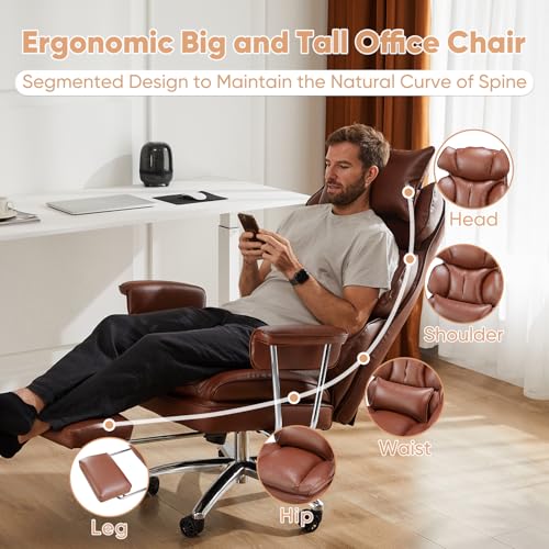 Image of Sweetcrispy Executive Home Office Desk Chair - Ergonomic Big Tall High Back with Footrest & Lumbar Support, Reclining Height Adjustable, Comfy PU Leather Computer Gaming with Swivel Wheels, Brown