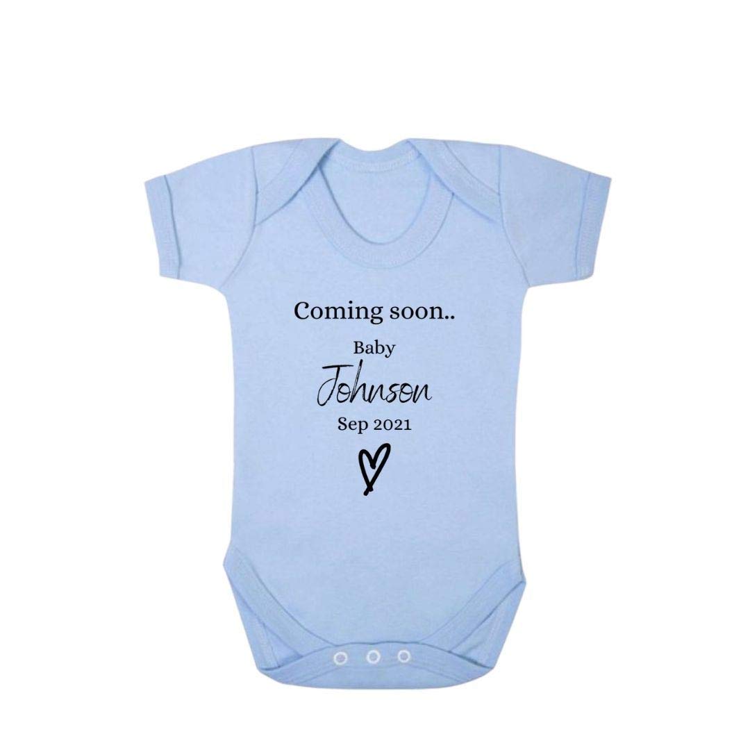 Second Ave Cute Personalised Baby Grow Coming Soon Pregnancy Announcement Babygrow Vest Blue Shortsleeve Bodysuit Gift