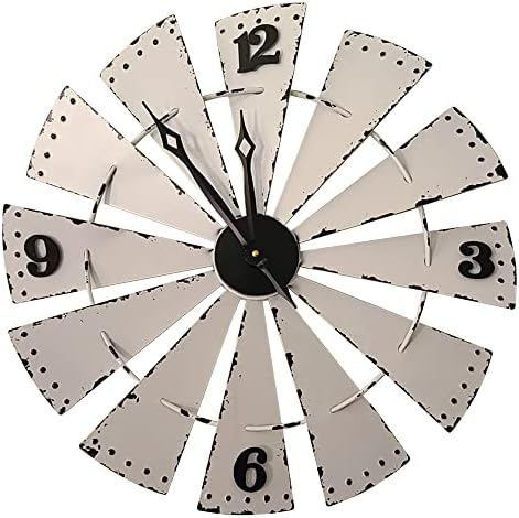 Mrocioa 24 inch Large Wall Clock Metal Decorative Windmill Clocks White Farmhouse Decor for Living Room Outdoor Patio,Distressed, with Waterproof Movement Cover