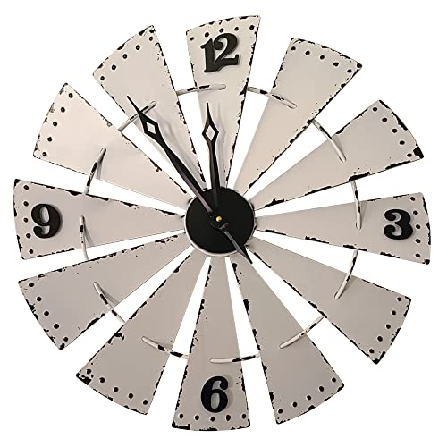 Mrocioa 24 Inch Large Wall Clock Metal Decorative Windmill Clocks White Farmhouse Decor For Living Room Outdoor Patio,Distressed, With Waterproof Movement Cover #TOP3