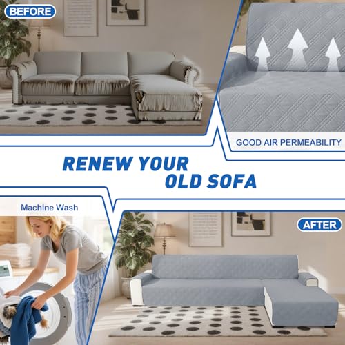 Housse de canapé d'angle 4 places Ystyle réversible gris clair et beige 285cm - 8