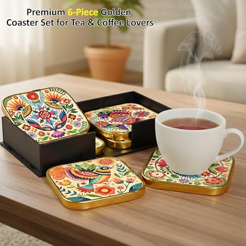 Image of Rousrie Stylist Modern Wooden Coasters with Golden Border | Set of 6 | Stand Included Premium Handmade Coaster for Tea Cups, Coffee Mugs, Beer Mugs, 10 by 10 cm (Bohemian Pattern)