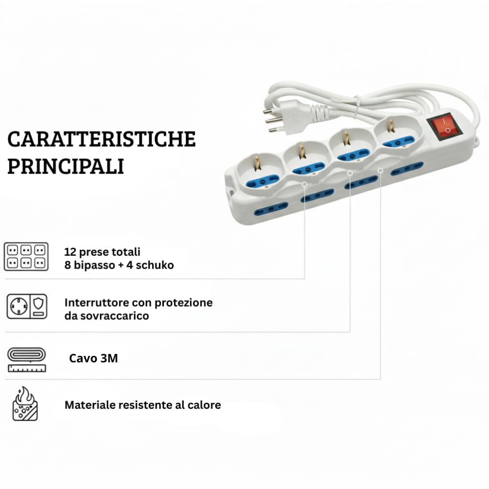 Ciabatta Multipresa 12 Posti 4 Prese Schuko 8 Prese Bipasso Cavo 3 Metri 16A
