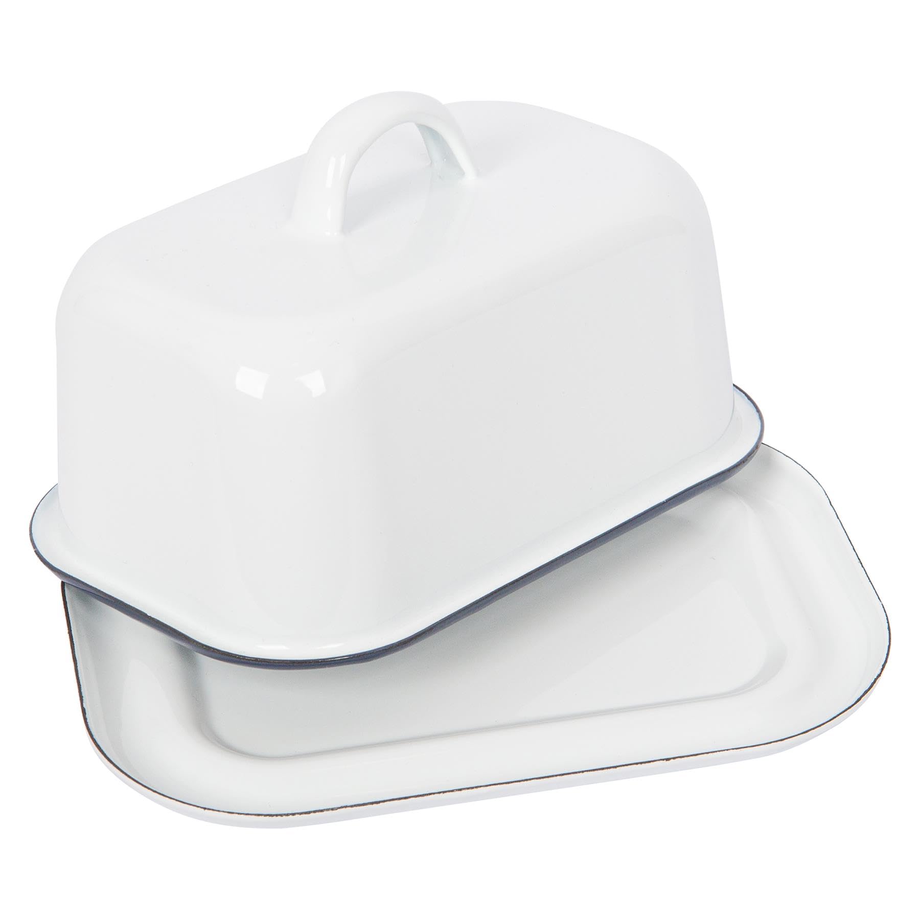 Argon Tableware Enamel Butter Dish with Lid - 18.5x10cm - Blue Rim - White Enamel Vintage Kitchen Butter Dish Fridge Cheese Storage Container for Butter, Cheese, Margarine