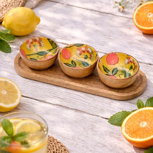 Image of Chumbak Limonata Trio Wooden Bowl Set | Citrus Collection | Mango Wood Trio Bowl Set | with Tray | Citrus Print | Food Safe | Chakna Serveware | Gifting Bowl Set
