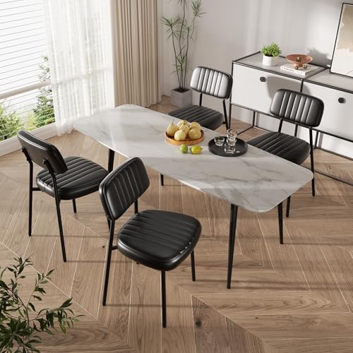 Image of Black Dining Chairs Set of 4, Modern Faux Leather Dining Chairs with Thick Cushions Seat Back and Metal Legs, Comfy Upholstered Kitchen Chairs for Dining Living Room