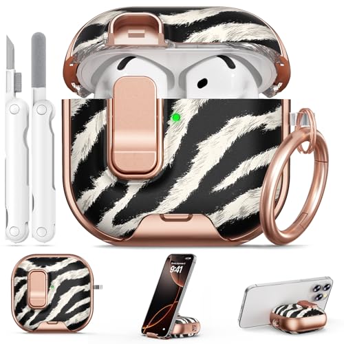 Image of for AirPod 4 Case, with Safty Lock & Phone Stand for Floral AirPod 4 Generation Case Cover for Women Girly, iPod 4 Cases with Keychain & Cleaner Kit -Black+ White Zebra