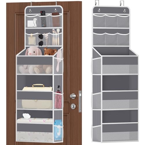 SpaceHacks 5-Tier Over the Door Organizer with Mesh Pockets Baby Nursery Storage for Closet Bathroom and Bedroom Adjustable Hanging Closet Organizer for Cosmetics Books and Essentials (Dark Grey)