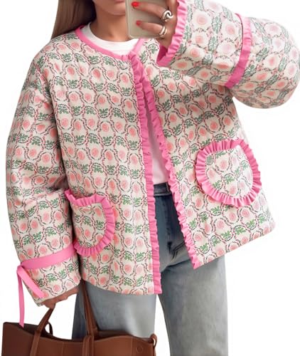 Tankaneo Womens Cropped Puffer Jacket Floral Print Open Front Quilted Jacket Bow Tie Heart Coat Lightweight Outerwear